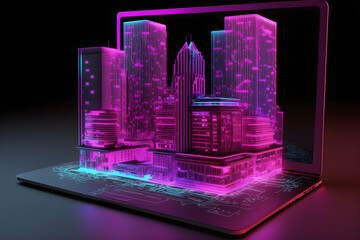 Holographic neon skyscrapers city center made of light, floating on laptop display - generative ai