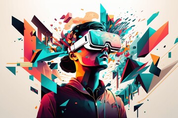 AI Metaverse concept collage design with man wearing VR headset floating though abstract shapes, man with smart glasses futuristic technology