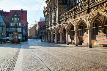 Marktplatz or market square in the historical centre of the medieval Hanseatic City of Bremen,...
