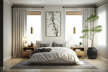 Stylish master bedroom in a mix of japandi and scandinavian styles