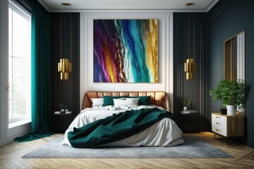 Stylish master bedroom with bright and colorful elements