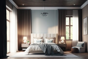 Stylish master bedroom in a mix of japandi and scandinavian styles