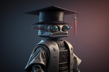 Joyful robot in a hat and gown of a university graduate, concept of Formal Celebration and Academic Achievement, created with Generative AI technology