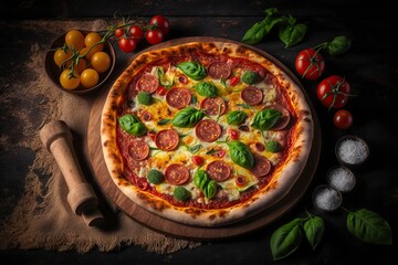 illustration, hot tasty traditional italian pizza with salami and cheese, ai generative