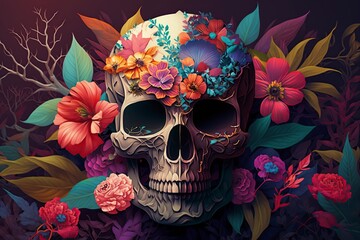 illustration, dark fantasy design human skull and lush flowers, ai generative - obrazy, fototapety, plakaty