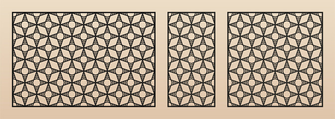 Laser cut pattern set. Vector cutting templates with abstract geometric ornament, diamond grid, mesh, thin lines. Decorative stencil for laser cut of wood, metal, plastic. Aspect ratio 3:2, 1:2, 1:1