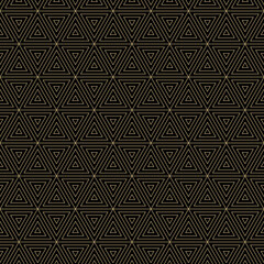 Vector geometric seamless pattern. Abstract golden linear ornament with triangles, grid. Simple minimalist texture. Modern stylish black and gold triangles background. Luxury repeat minimal design