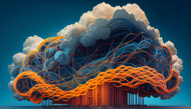 Cloud computing, giant cloud tethered with thousands of cables in different colors, blue and orange, abstract & menacing, dramatic looking, AI generative 