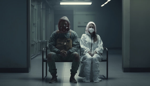 Tired healthcare workers, nurse paramedic, doctor with masks, sitting in a hospital hallway. Pandemic concept.