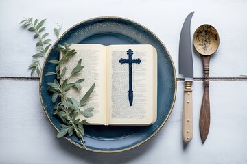 Plate with Bible and cutlery on white wooden table, flat lay. Lent season stock photo Fasting - Activity, Bible, Praying, Christianity, Lent