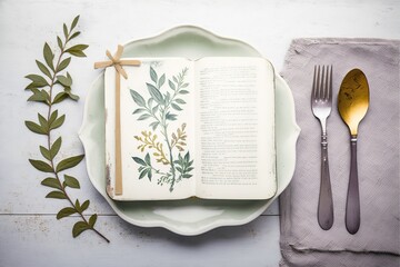 Plate with Bible and cutlery on white wooden table, flat lay. Lent season stock photo Fasting - Activity, Bible, Praying, Christianity, Lent
