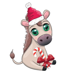Cute donkey in santa hat with balloon, gift, candy kane, ice skating and winter sports. Postcard for Christmas and New Year.