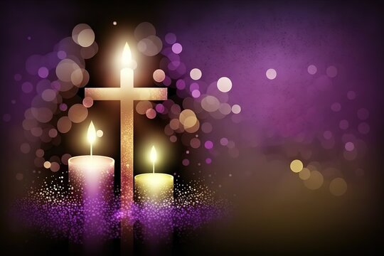 Lent, a season of renewal word and Christian Cross, bible sign on candles light and purple bokeh texture background vector design stock illustration Lent, Candle, Backgrounds, Abstract, Crossing