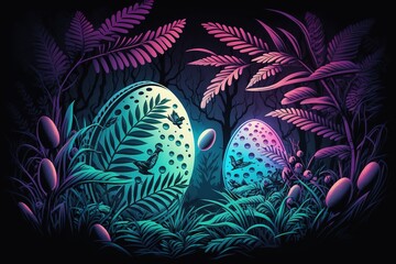 Fototapeta na wymiar illustration of glow neon eggs in tropics rain forest