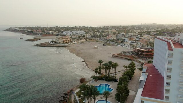 Drone point of view La Zenia beach. Costa Blanca. Province of Alicante. Spain. Travel and tourism concept