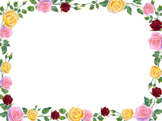 Vector background with pink and red rose flowers and green leaves. Horizontal poster