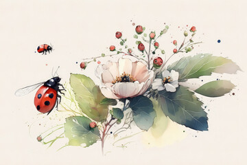 Beautiful ladybug watercolor illustration made with Generative AI
