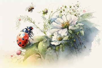 Beautiful ladybug watercolor illustration made with Generative AI
