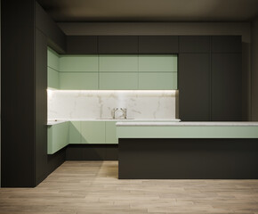 3d rendering of new bright kitchen black and olive color furniture