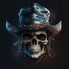 a skull in a top hat with American symbols and colors.