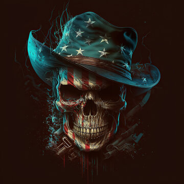 a skull in a top hat with American symbols and colors.