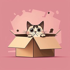 Funny cat in a paper box, comic, cartoon, on pastel background, AI generated