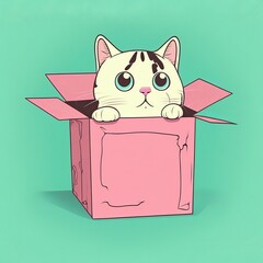 Funny cat in a paper box, comic, cartoon, on pastel background, AI generated