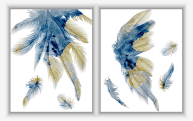 Set of modern creative illustrations with feathers. Gold and blue feathered butterfly. Art design watercolor texture for home decor, banners, and prints. Vector illustration