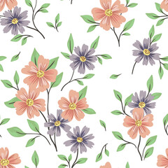 Seamless floral pattern with gentle spring botany in a rustic style. Romantic ditsy print, cute botanical design: small hand drawn flowers,  leaves, branches on white background. Vector illustration.