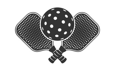 Black Pickleball Logo With Crossed Racket and Ball Over Them