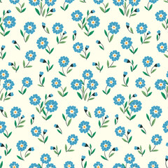 Seamless floral pattern, cute ditsy print with a rustic motif: small blue flowers on a white background. Pretty botanical design with tiny hand drawn flowers, leaves. Vector illustration.