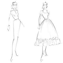 Fashion templates of retro style.A lady in an elegant dress. Pattern for drawing. Croquis. 