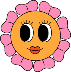 Obraz premium Retro 70s groovy smiling flower character with big eyes. Spring; summer flower. Cartoon hippie isolated vector illustration