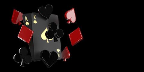 Luxury Ace and King playing cards and flying casino gambling symbols on black background, copy space. Online mobile applications, sportsbetting, poker, blackjack games in 3D render, clipping path. - obrazy, fototapety, plakaty