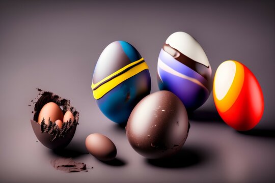 A few chocolate eggs on a dark marble surfacen,in the eggs and next to it are colorful chocolate - concept with Easter sweets and space for text or other elements -generative ai