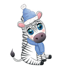 Cute zebra in a hat and scarf, winter. Wildlife Holidays Cartoon Character