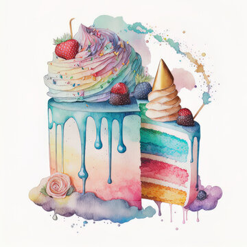 birthday watercolor cake on white background. Illustration AI Generative