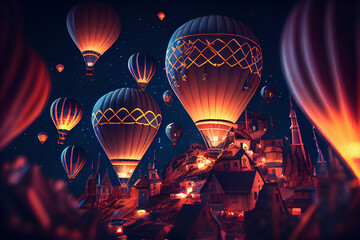 openwork hot air balloons flying over night city,generative ai