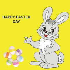 Easter Day post. Rabbit and eggs with yellow background vector illustration.
