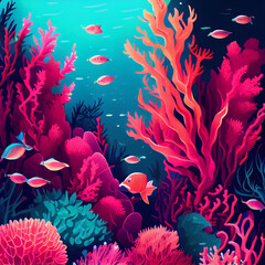 Fototapeta na wymiar Vibrant Tropical Coral Reef Illustration, Colorful Fishes in a Beautiful Underwater Paradise