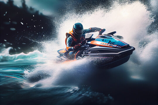 person on a jet ski in the water, an airbrush painting.generative ai