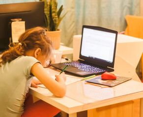 Fototapeta na wymiar Caucasian girl using home computer and writing her homework. Homeschooling, study online.