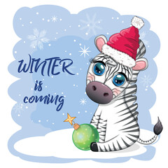 Greeting card with cute zebra in santa hat with christmas ball, candy kane, gift. Wildlife holidays cartoon character.