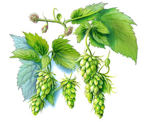 Branch od hops isolated on white background. Generative AI illustration in watercolor style - obrazy, fototapety, plakaty