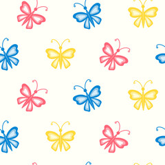 Fototapeta na wymiar Seamless pattern of hand drawn colorful butterflies on isolated background. Spring design for mother's day, Easter, springtime and summertime celebration, scrapbooking, textile, home decor, crafts.