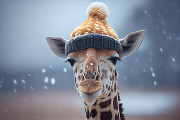 Giraffe wearing a warm winter hat during snowfall.generative ai