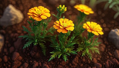 Seedlings of tagetes planted in the open ground of an urban flower bed. generative ai