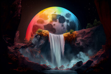 Illustration of Rainbow colored melted moon over the waterfall in the woods.generative ai