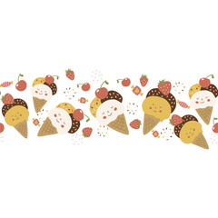 Ice cream seamless border. Fruit popsicle, strawberry and cherry repeat frame. Cute kawaii ice cream summer decorative element. Sweet summer food vector illustration. Cartoon hand drawn sweets.