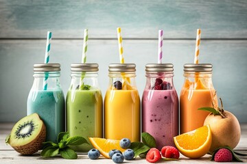 Smoothies with a variety of fruits and veggies in glass bottles, AI generated. Ingredients for a fresh, organic smoothie. Superfoods and the idea of healthy or detox.